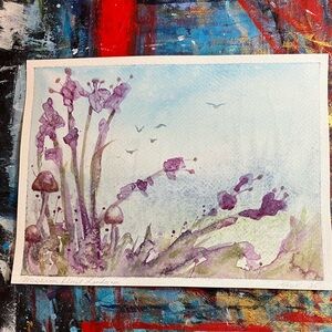 Original painting Mushrooms landscape NEW watercolor floral home decor art USA